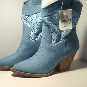 Forever Light Blue Denim Heeled Boots